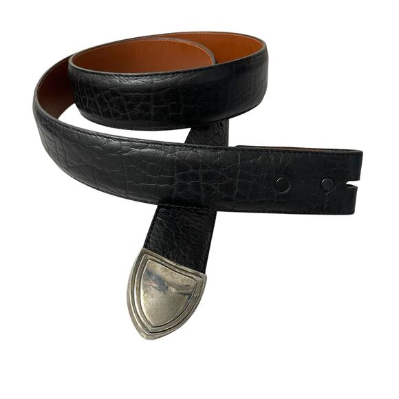 Pat Areias Belt Mens 38 Black Pebbled Calf Leather USA Sterling Tip Western